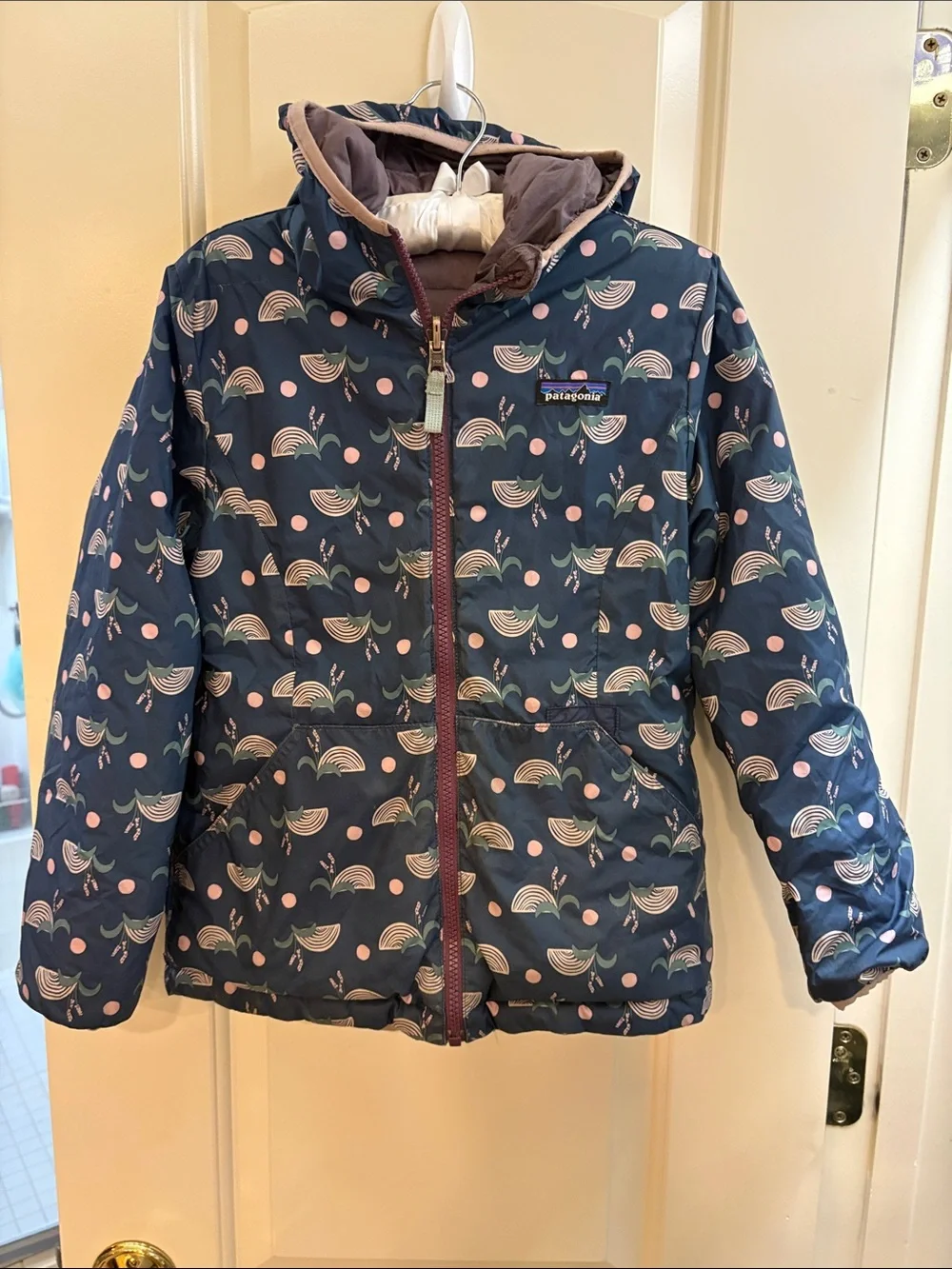 Patagonia Kids Navy Hooded Puffer with Rainbow Print